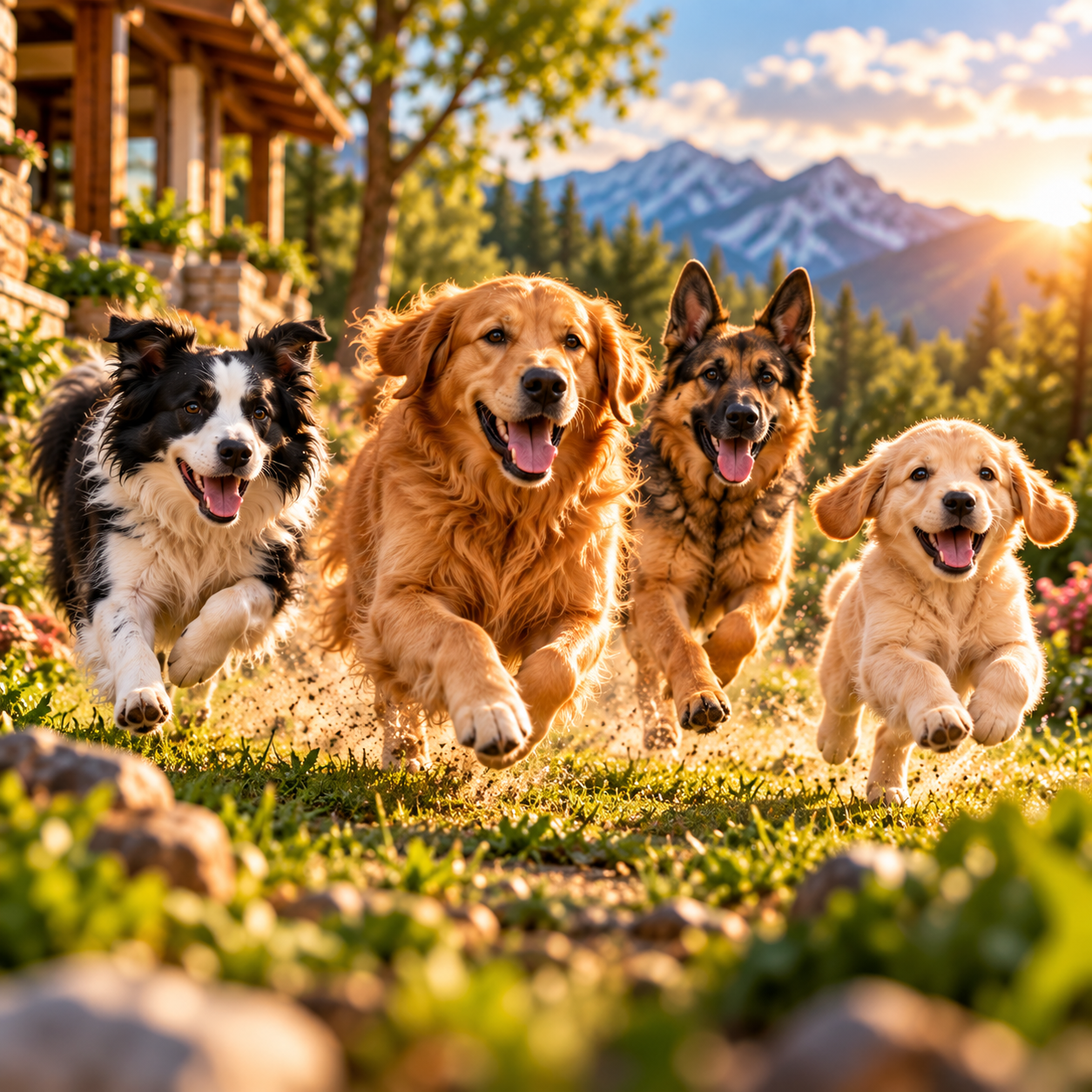 Perros saludables corriendo al aire libre