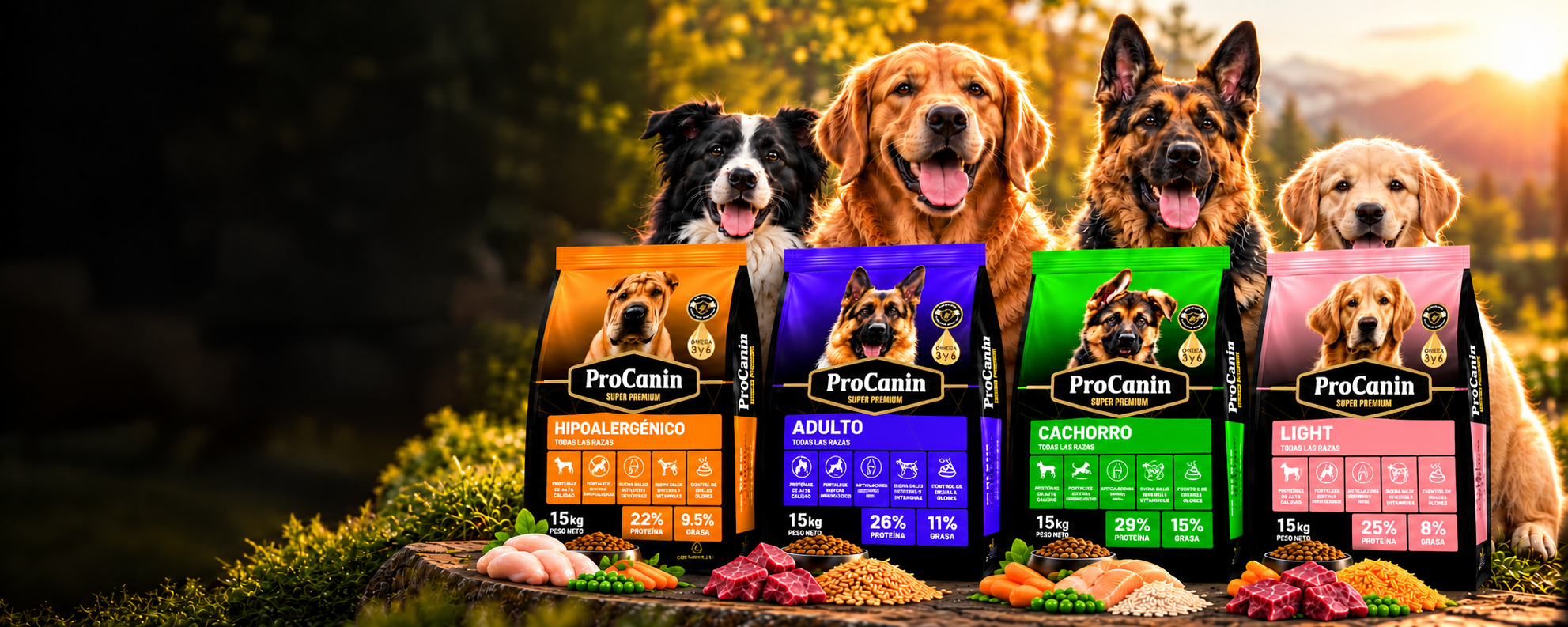 Familia de perros junto a la línea ProCanin Super Premium